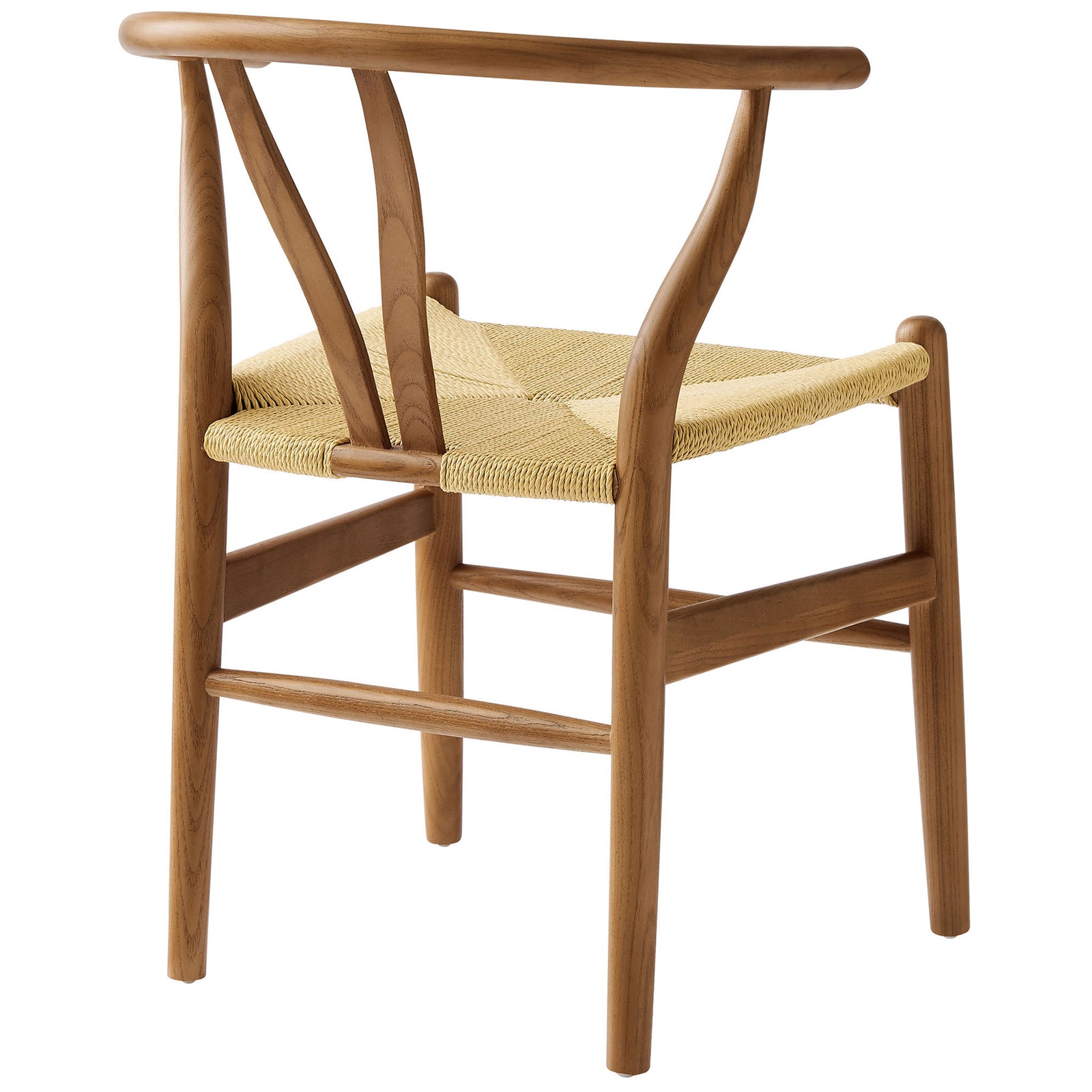 V-shaped backrest and flowing walnut frame encircle the woven rope seat with minimalist charm || EEI-7200-WAL || back_angle_studio