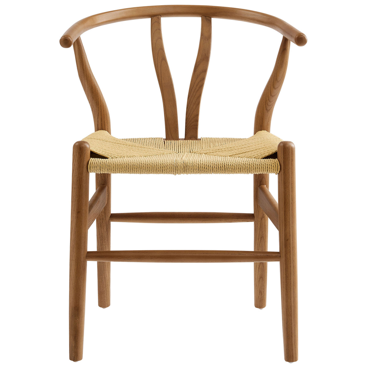 Symmetrical walnut dining chair highlights the geometric woven rope seat and rounded posts || EEI-7200-WAL || front_studio