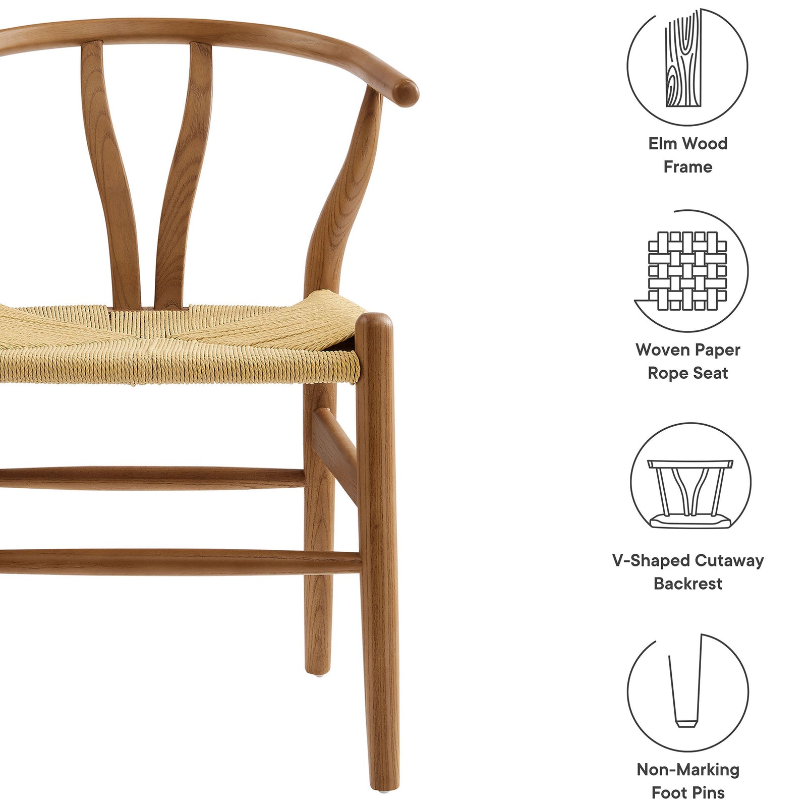 Feature graphic highlights elm wood frame, woven rope seat, V-shaped backrest, and non-marking foot pins || EEI-7200-WAL || callout_studio