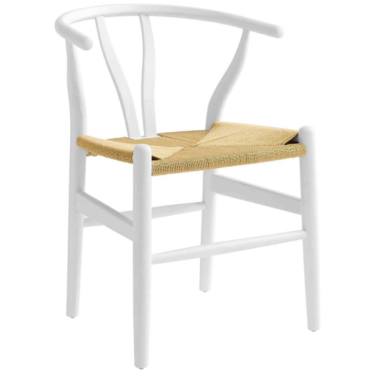 White solid wood dining chair with curved wraparound back and woven rope seat for relaxed modern style. || EEI-7200-WHI || front_angle_studio