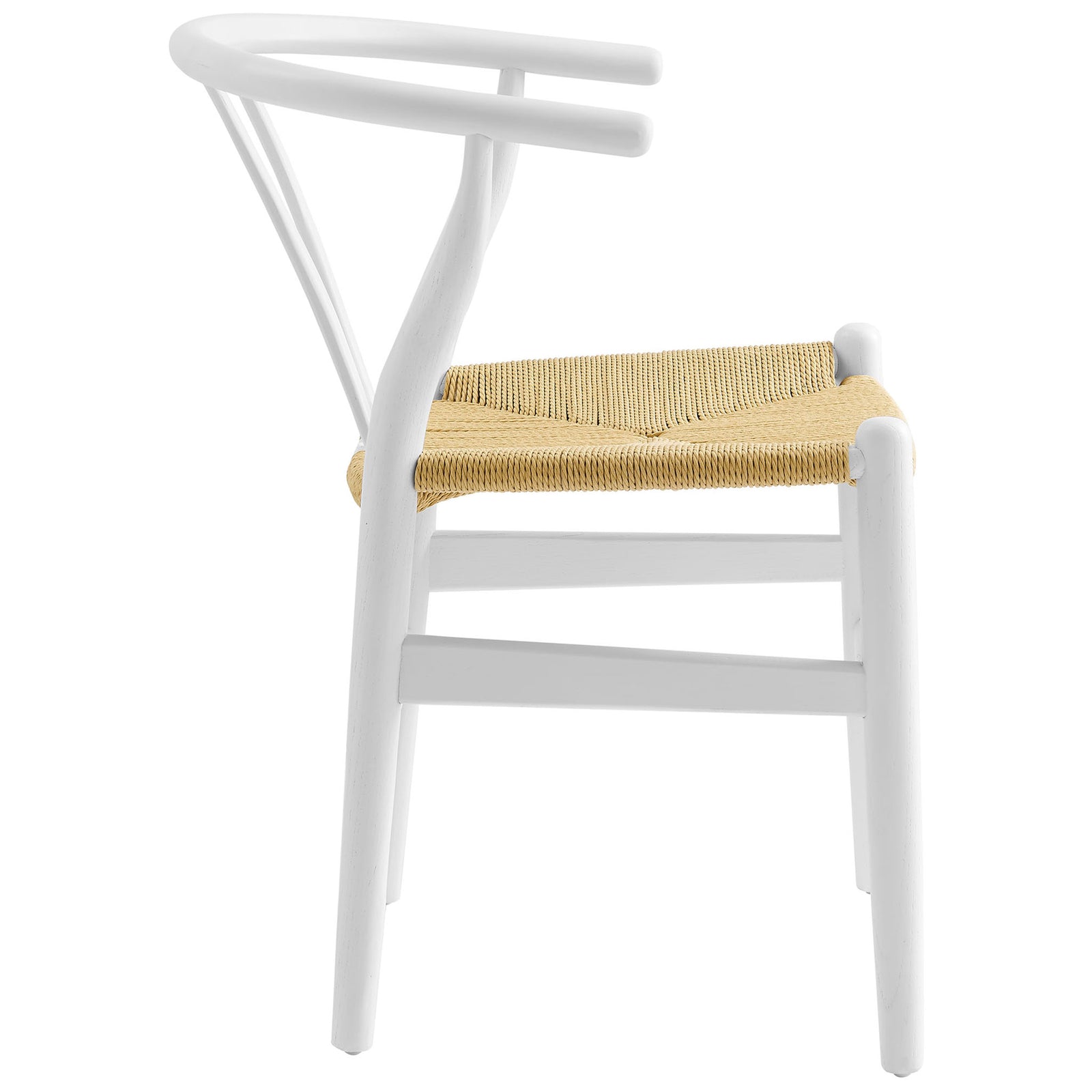 Slim white wood dining chair with slender legs, dual footrests, and woven rope seat in a natural finish. || EEI-7200-WHI || side_studio