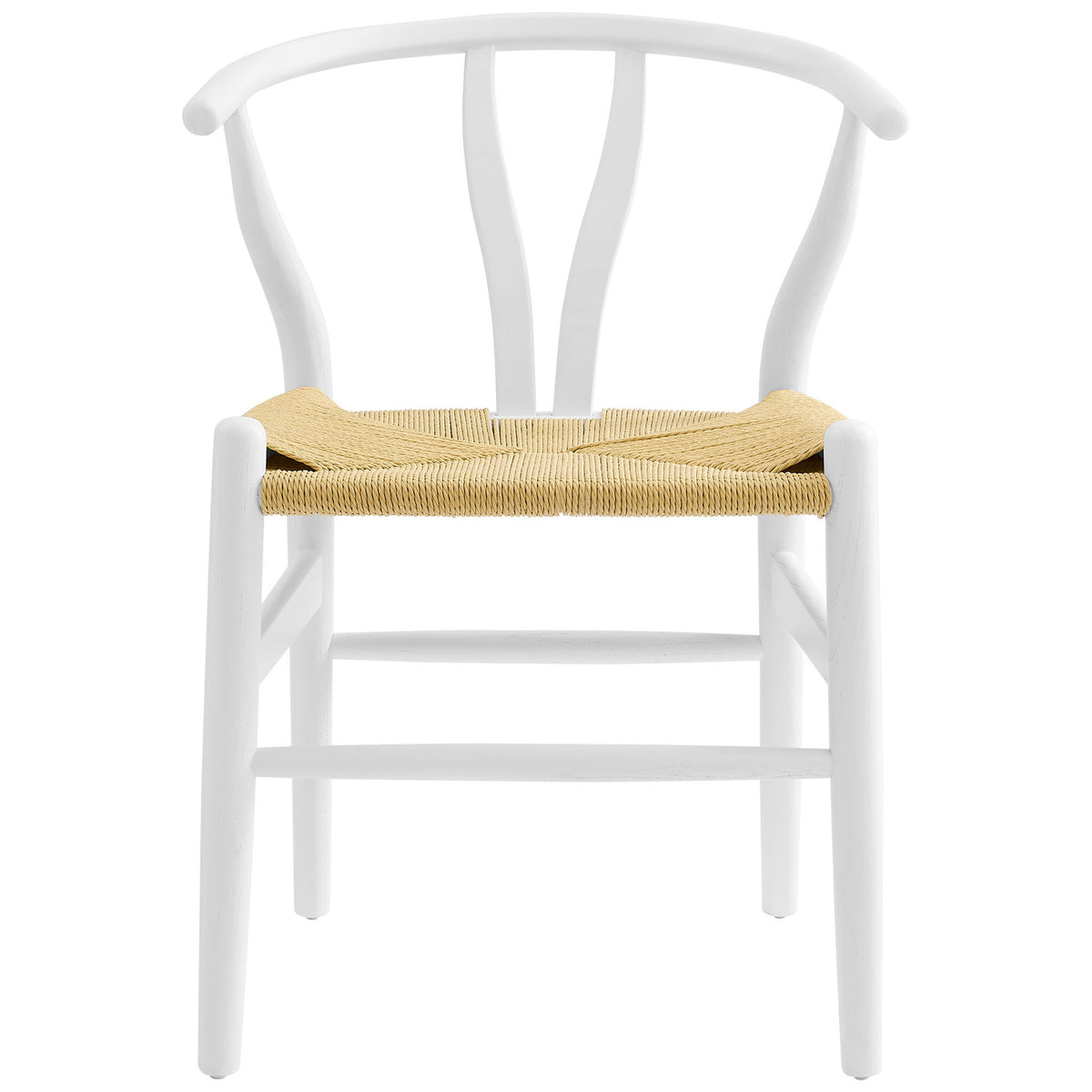 Modern white wood dining chair with woven natural rope seat, curved backrest, and integrated front foot bar. || EEI-7200-WHI || front_studio