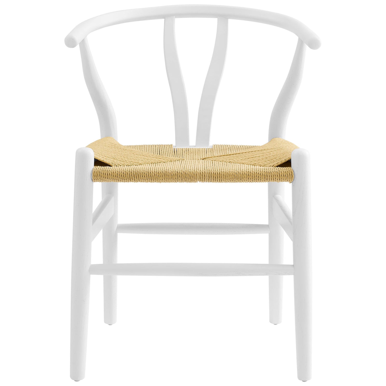 Modern white wood dining chair with woven natural rope seat, curved backrest, and integrated front foot bar. || EEI-7200-WHI || front_studio