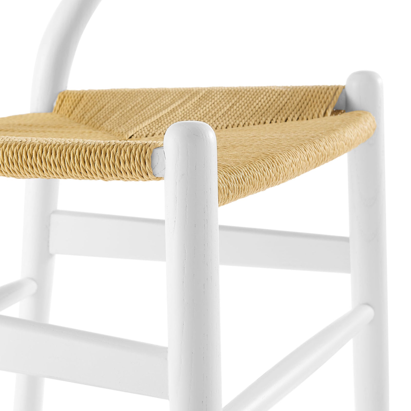 Woven rope seat meets rounded white wood frame, highlighting smooth edges and refined craftsmanship. || EEI-7200-WHI || detail_studio