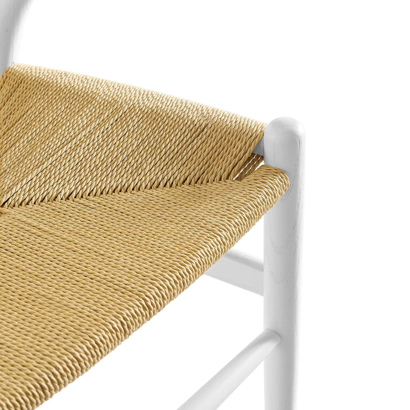 Textured woven rope seat in warm natural tone showcases intricate pattern and inviting, supportive seating surface. || EEI-7200-WHI || detail_studio