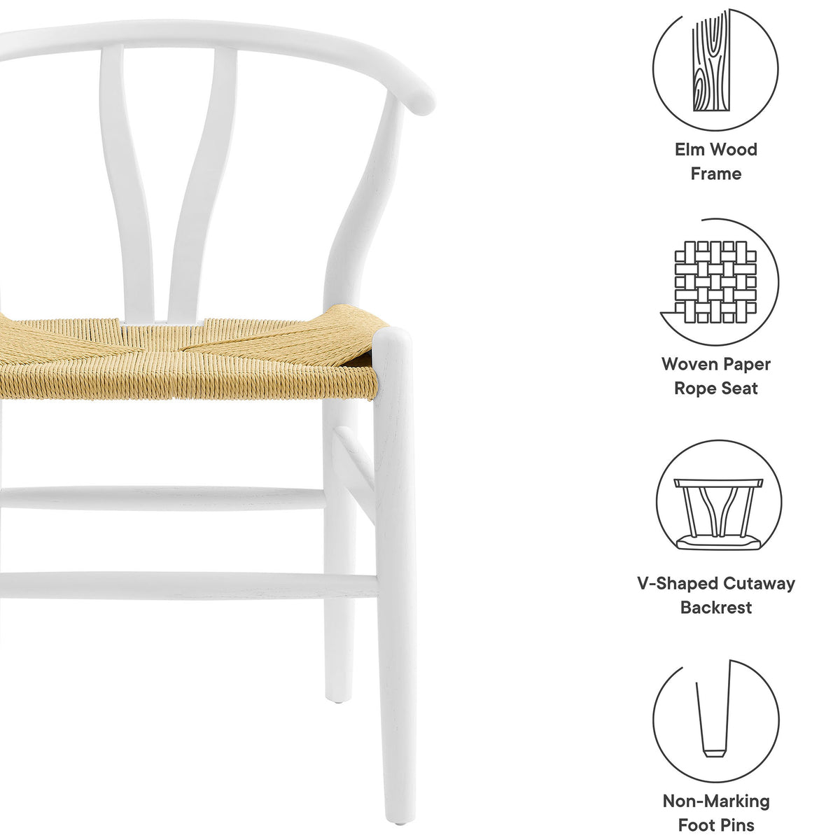 Feature graphic highlighting elm wood frame, woven rope seat, V cut backrest, and non marking foot pins. || EEI-7200-WHI || callout_studio