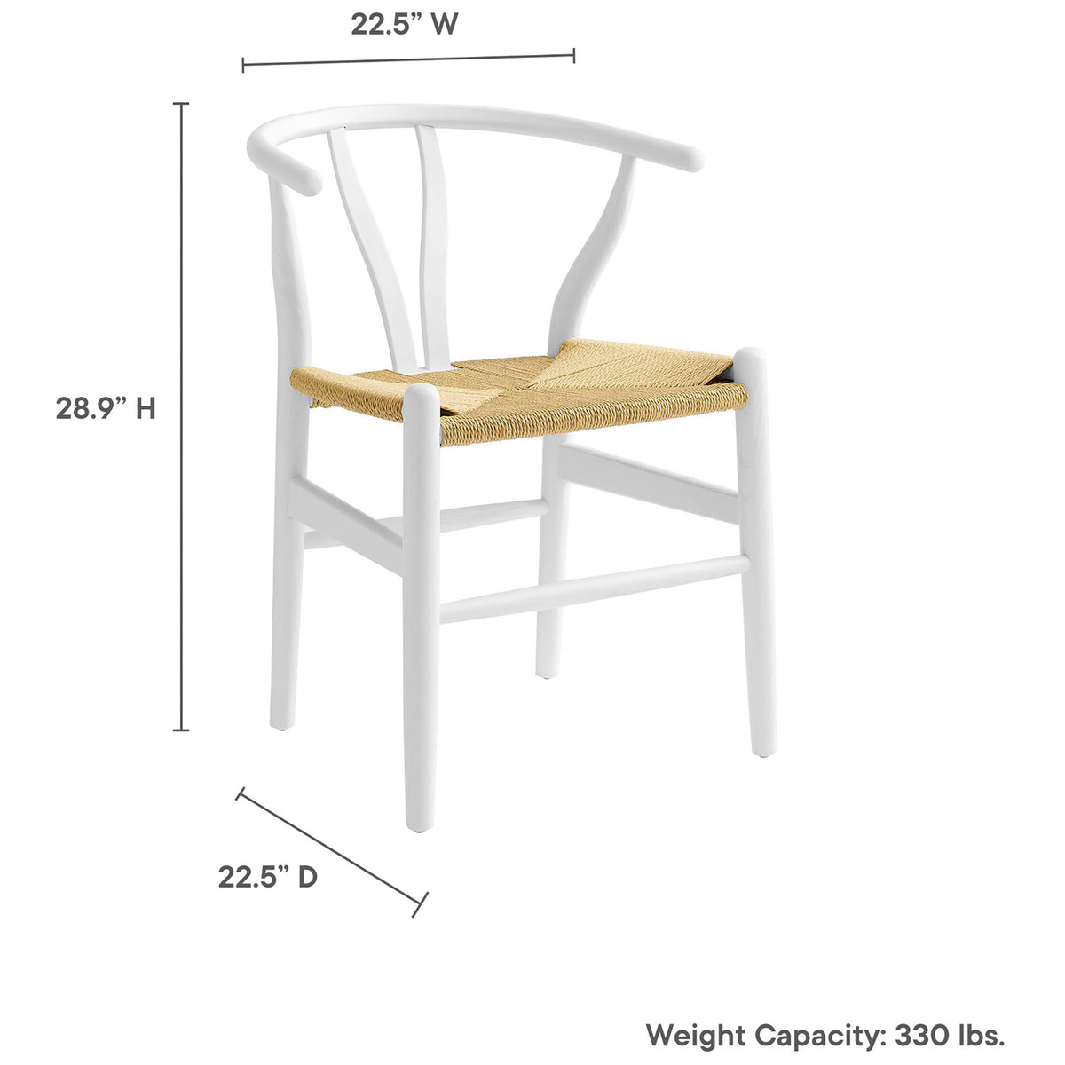 Dimension diagram of the white wood dining chair showing 22.5 inch width, 22.5 inch depth, and 28.9 inch height. || EEI-7200-WHI || dimension_studio