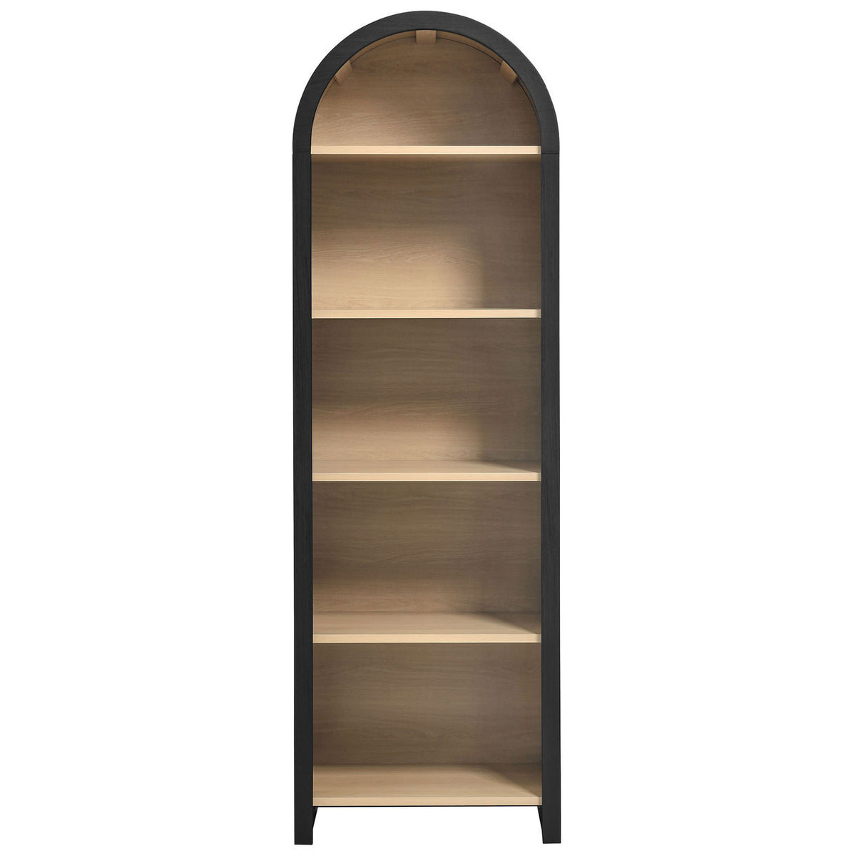 Open arched cabinet with five oak-finish shelves framed by a sleek black arch || EEI-7201-BLK-OAK || front_studio