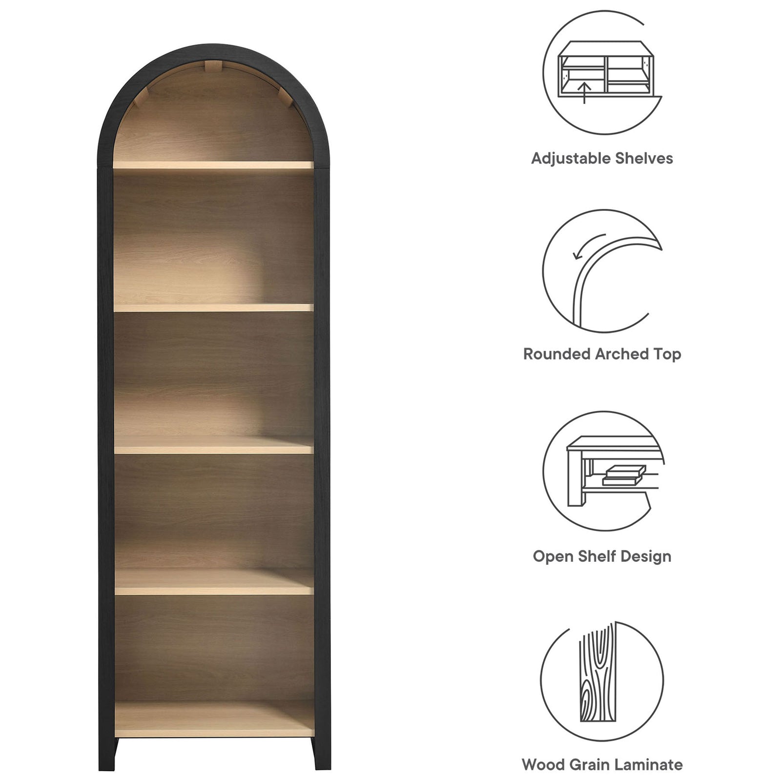 Arched narrow bookcase with open shelving, adjustable storage, and wood-grain laminate finish || EEI-7201-BLK-OAK || callout_studio