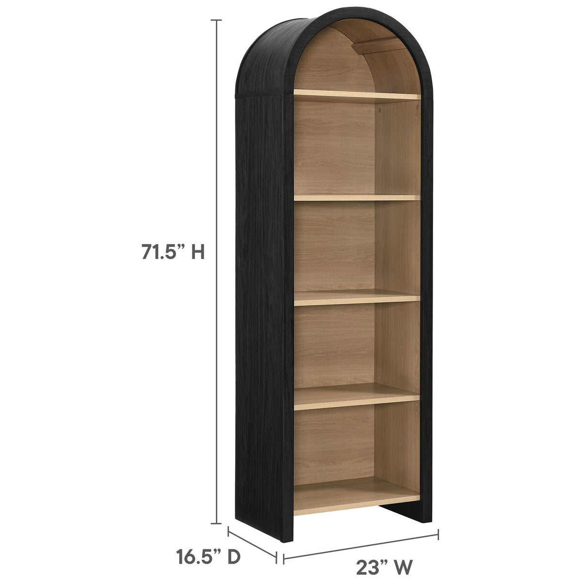 Slim 71.5 in. arched bookcase with black frame and oak shelves sized for compact spaces || EEI-7201-BLK-OAK || dimension_studio