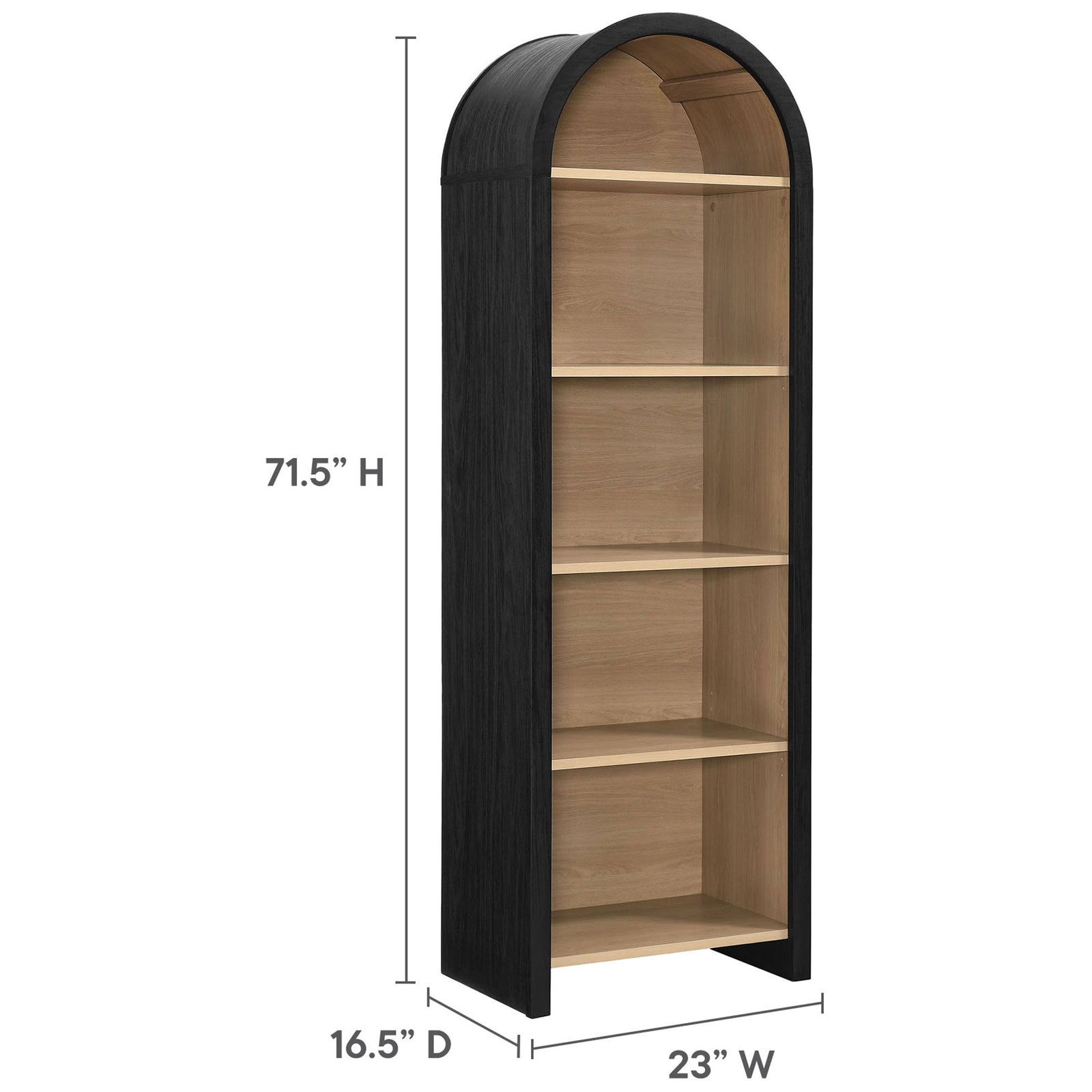 Slim 71.5 in. arched bookcase with black frame and oak shelves sized for compact spaces || EEI-7201-BLK-OAK || dimension_studio