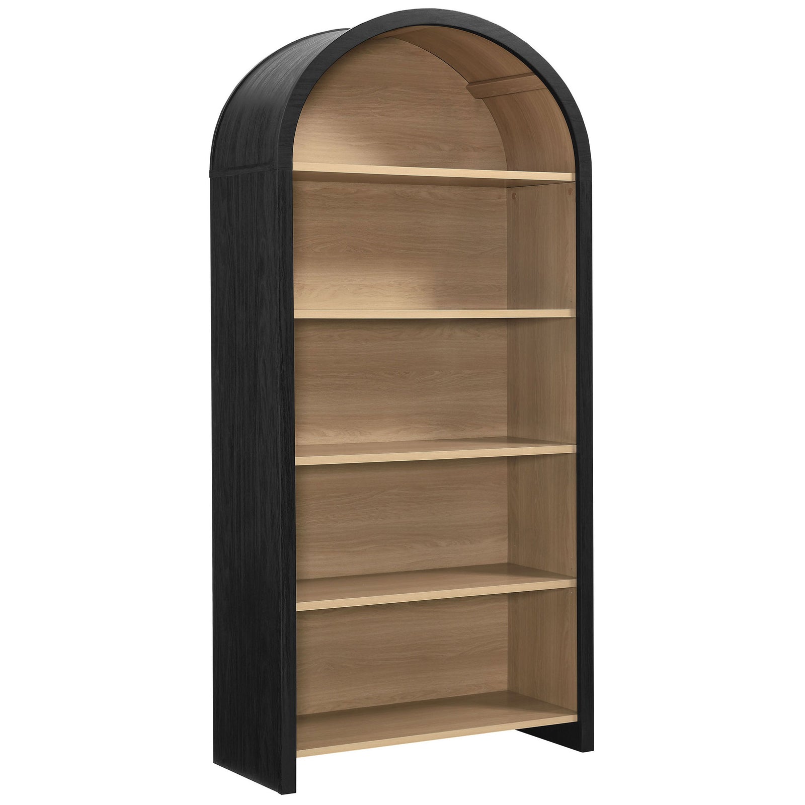 Arched black bookcase with warm oak interior and five open shelves for books and decor || EEI-7202-BLK-OAK || front_angle_studio