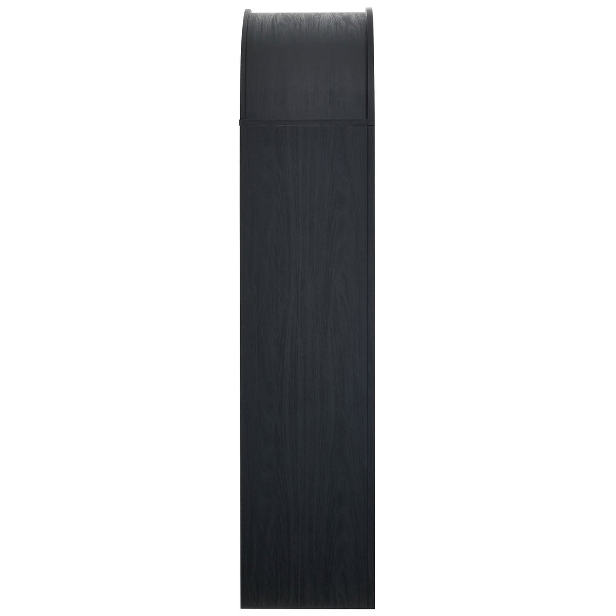 Streamlined arched cabinet profile with black wood-grain exterior and oak-toned interior shelves || EEI-7202-BLK-OAK || side_studio