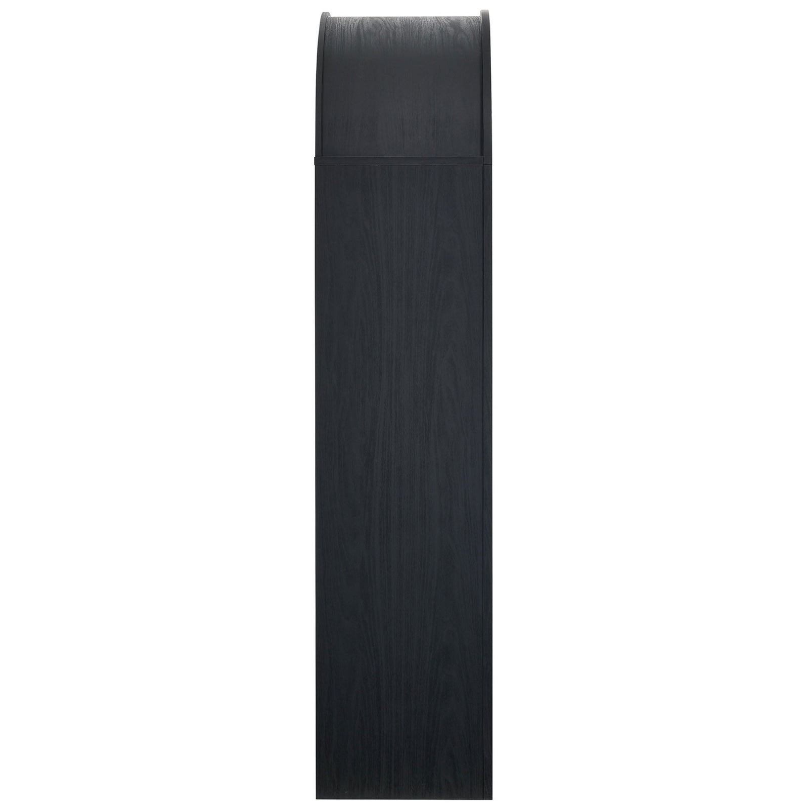 Streamlined arched cabinet profile with black wood-grain exterior and oak-toned interior shelves || EEI-7202-BLK-OAK || side_studio
