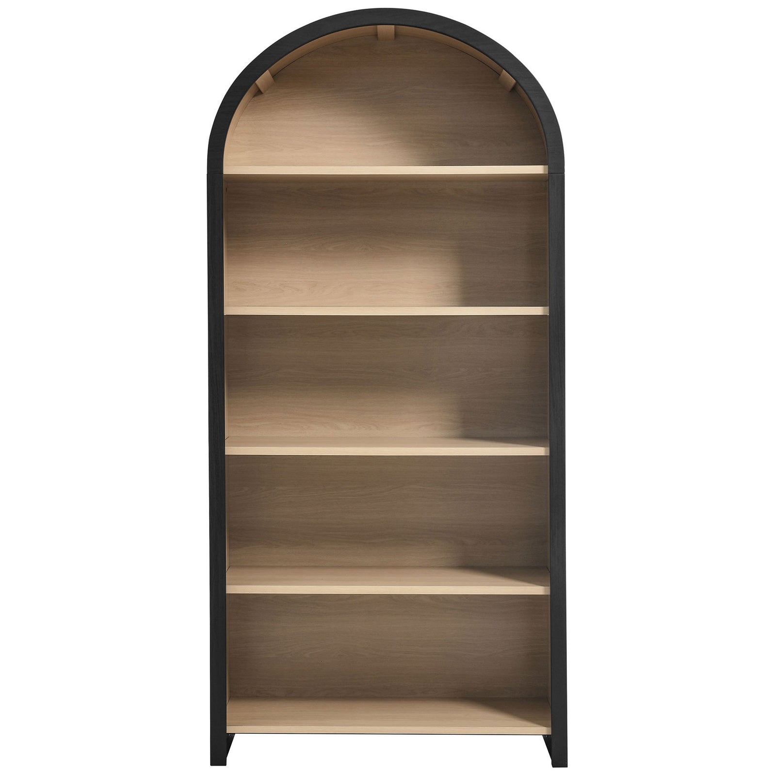 Wide arched bookcase in black with oak interior and five spacious shelves for display and storage || EEI-7202-BLK-OAK || front_studio
