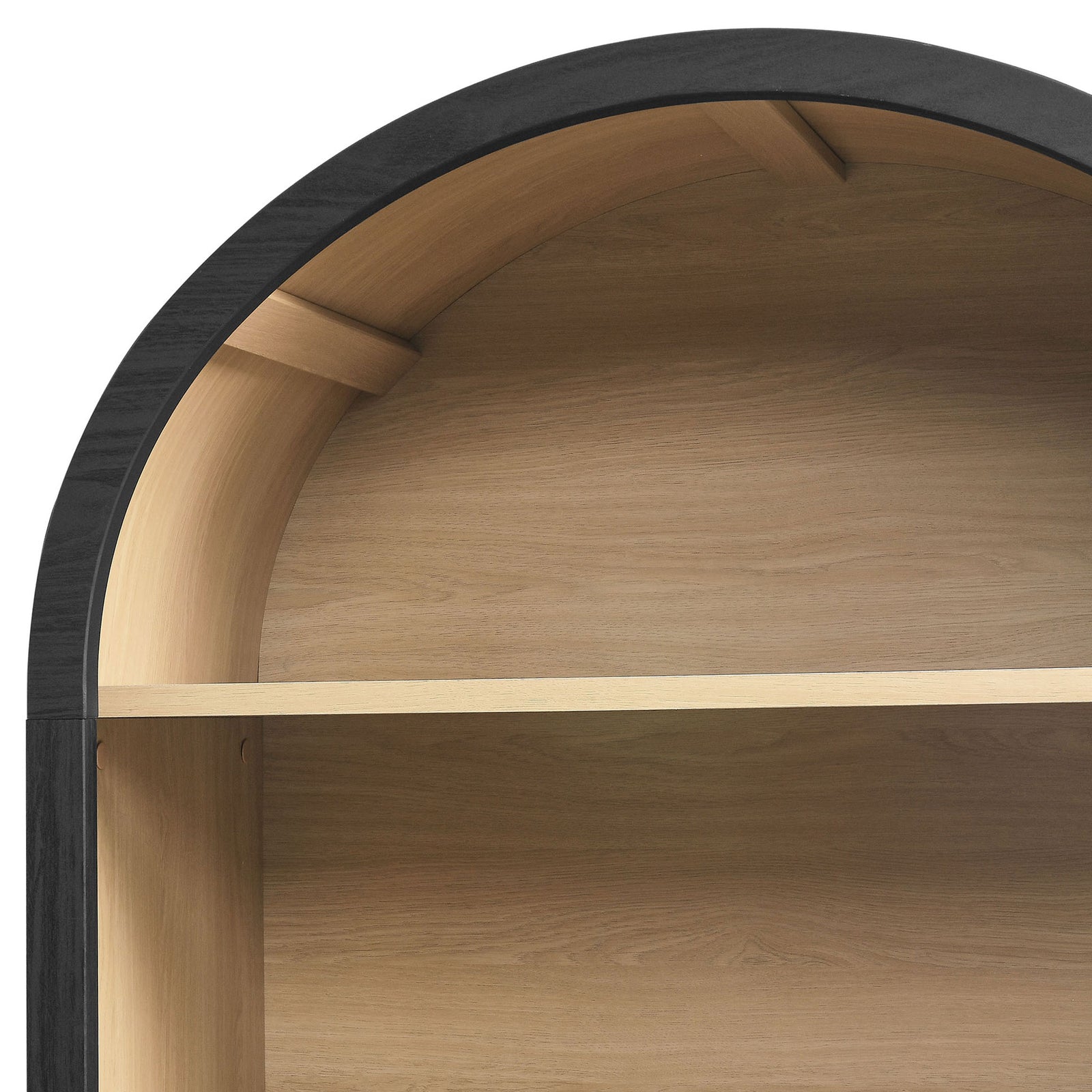 Curved arch detail and wood-grain laminate highlighting the contrast black frame and oak interior || EEI-7202-BLK-OAK || detail_studio