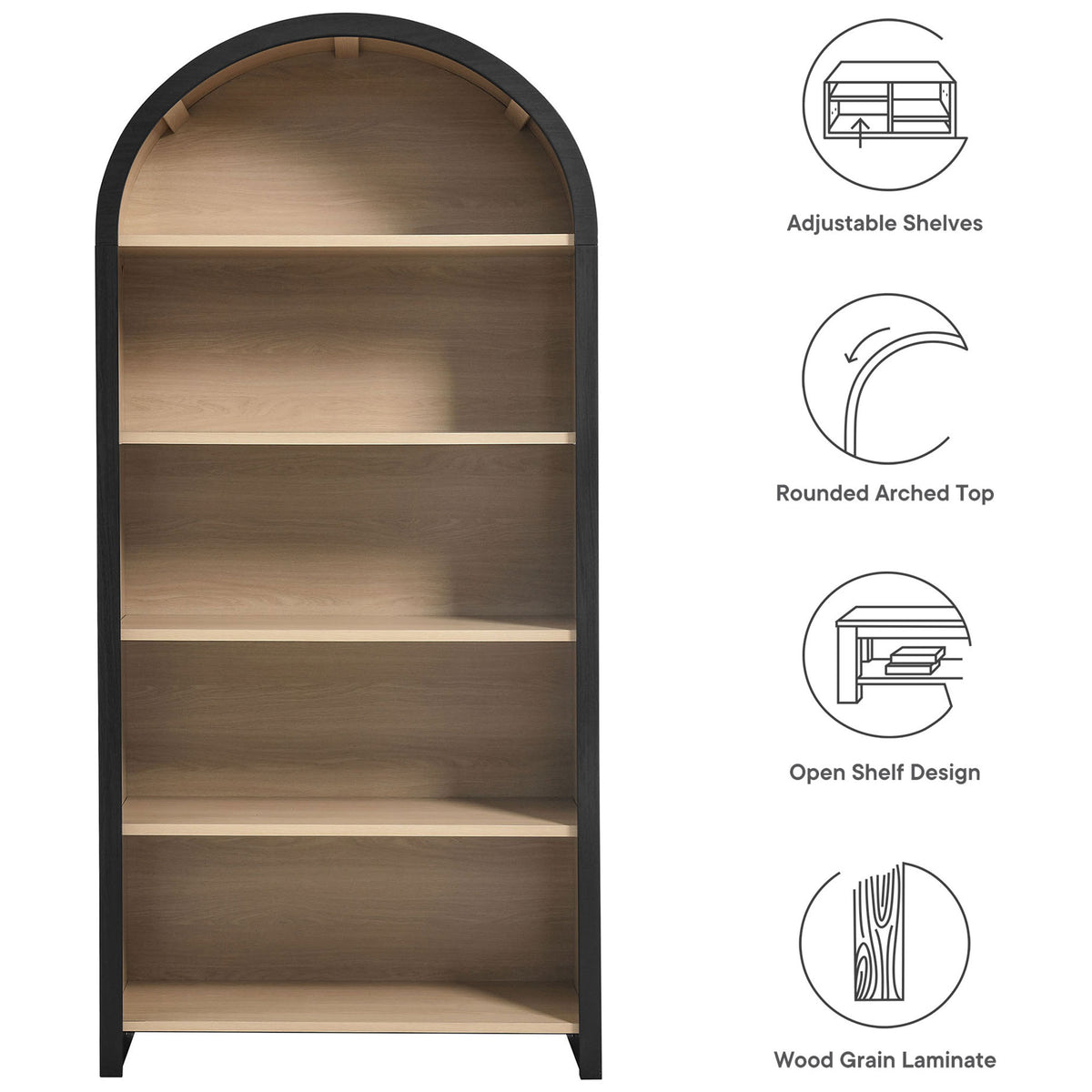 Adjustable shelves, rounded arch, open-shelf design, and wood-grain laminate highlighted || EEI-7202-BLK-OAK || callout_studio