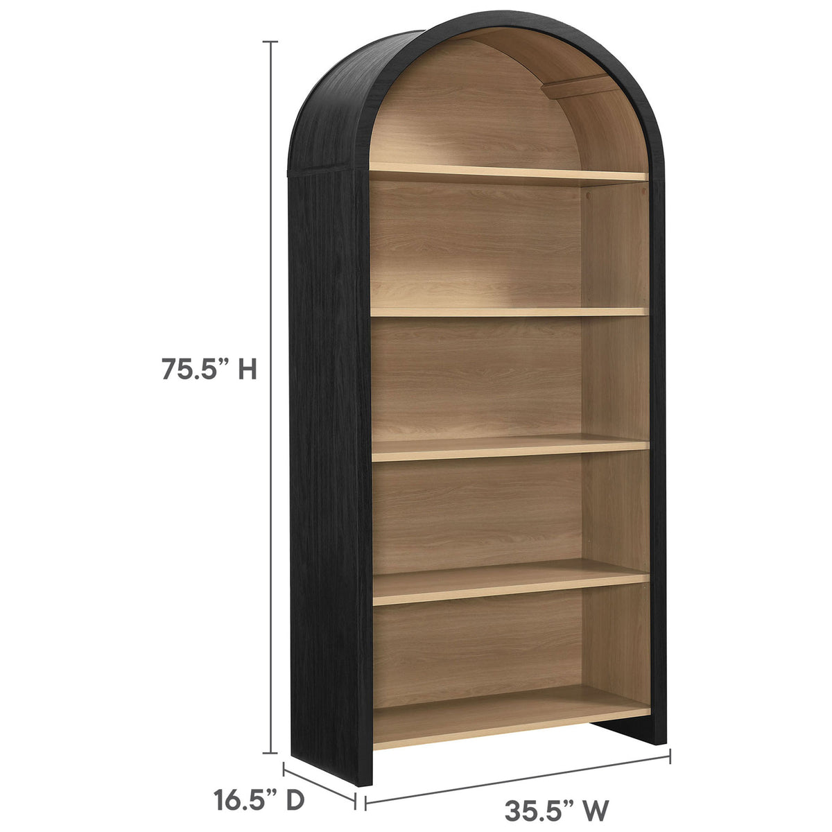 Arched wide bookcase dimensions: 75.5 in H x 35.5 in W x 16.5 in D with five shelves || EEI-7202-BLK-OAK || dimension_studio