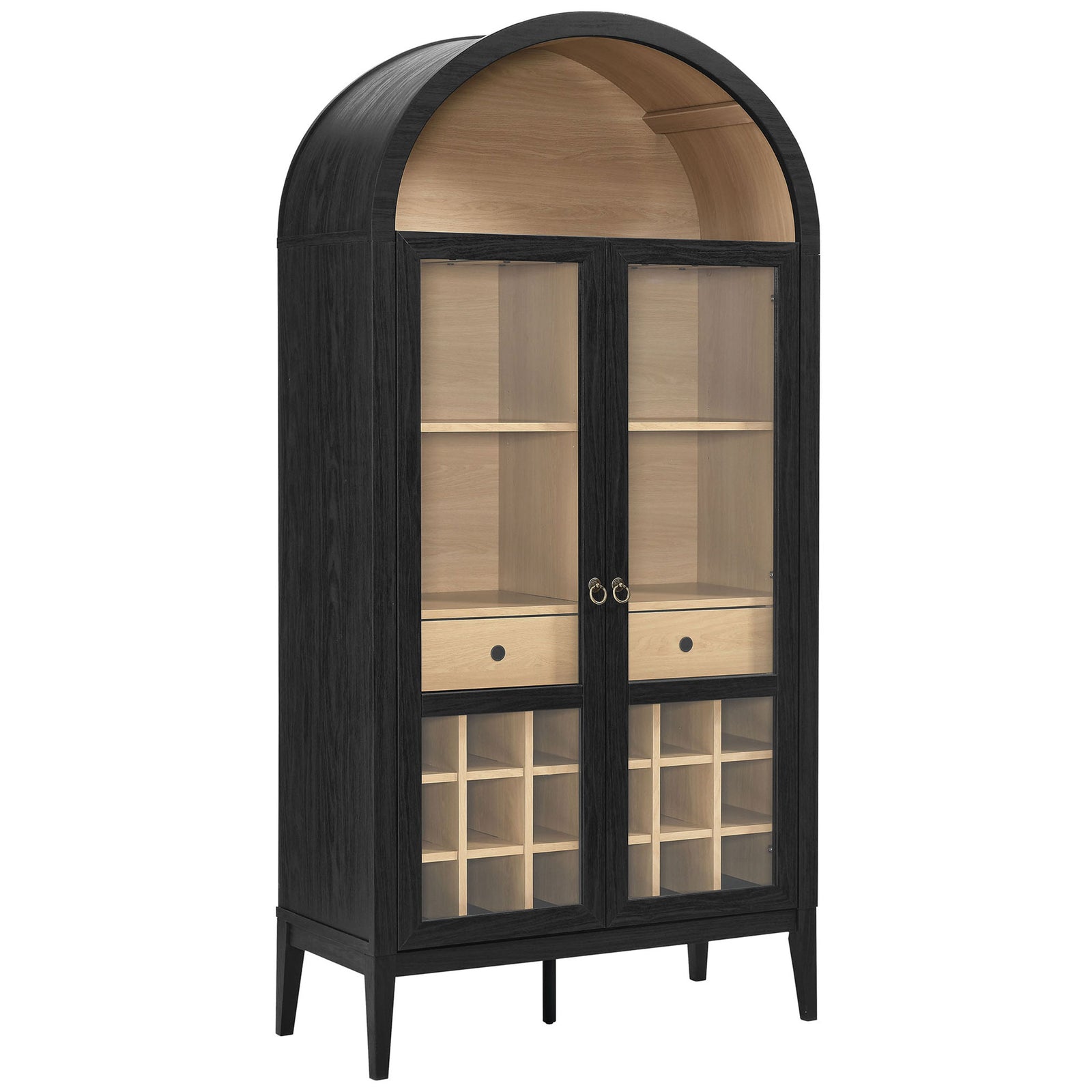 Sleek arched cabinet pairs a black oak frame with a light wood interior and tempered glass doors || EEI-7203-BLK-OAK || front_angle_studio