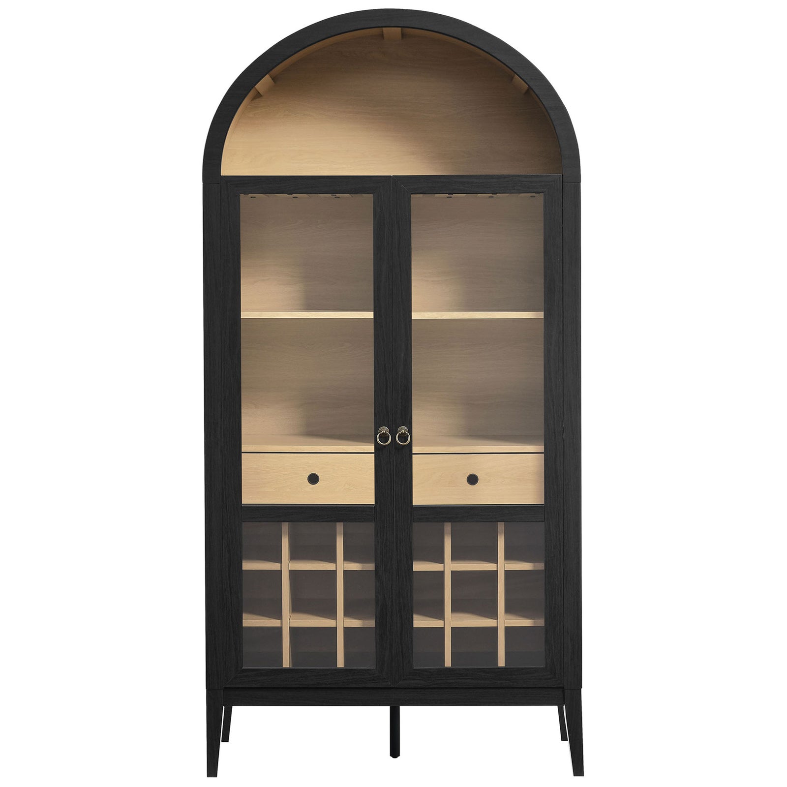 Arched black oak bar cabinet with glass doors and warm wood interior for an elegant focal point || EEI-7203-BLK-OAK || front_studio