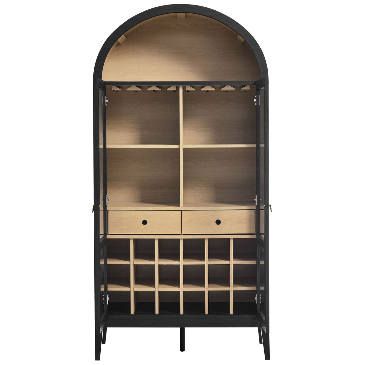Interior shows stemware rack, adjustable shelves, two drawers, and a 20-bottle wine rack || EEI-7203-BLK-OAK || front_open_studio