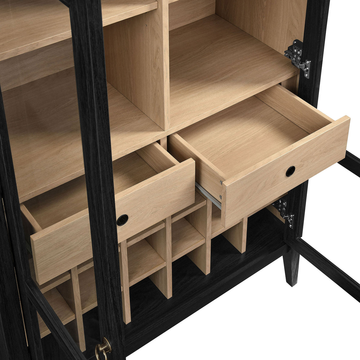 Smooth-glide drawers, modular wine grid, and spacious shelves organize barware with ease || EEI-7203-BLK-OAK || storage_open_studio
