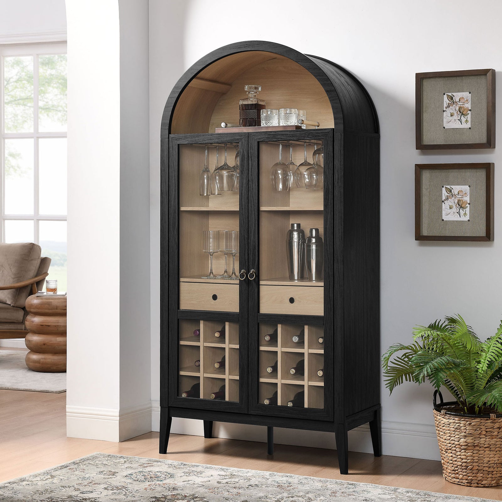 Statement bar cabinet elevates entertaining with glass doors, wine and stemware storage, and warm contrast || EEI-7203-BLK-OAK || front_angle_room