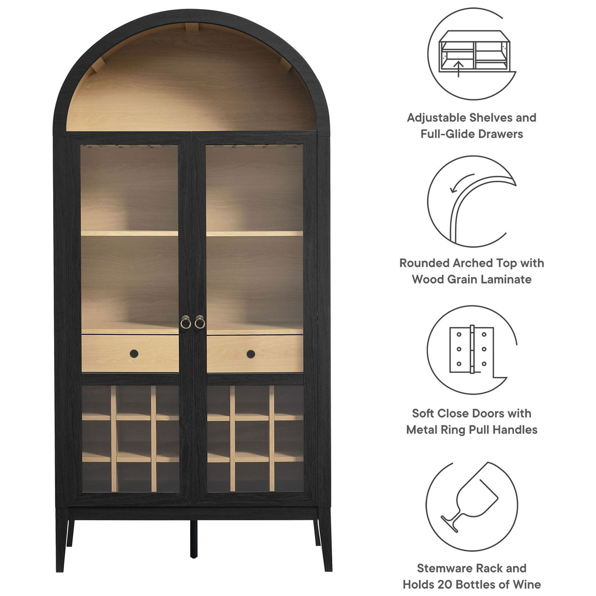 Feature highlights include adjustable shelves, full-glide drawers, stemware rack, and metal ring pulls || EEI-7203-BLK-OAK || callout_studio