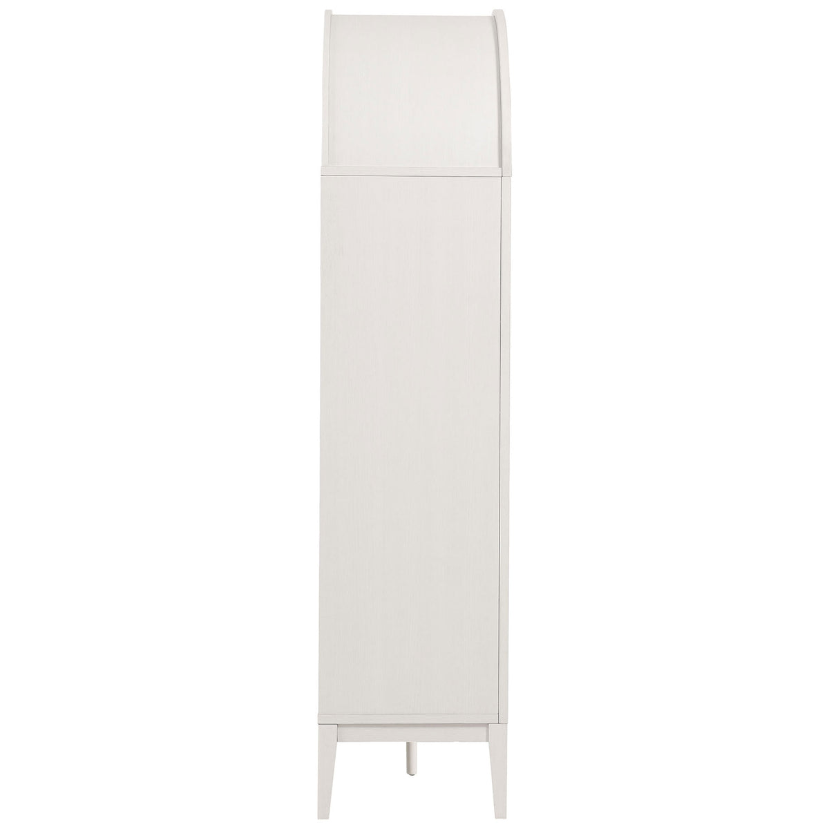 Streamlined ivory oak arched cabinet silhouette on tapered legs for a refined, space-saving presence || EEI-7203-IVO-OAK || side_studio