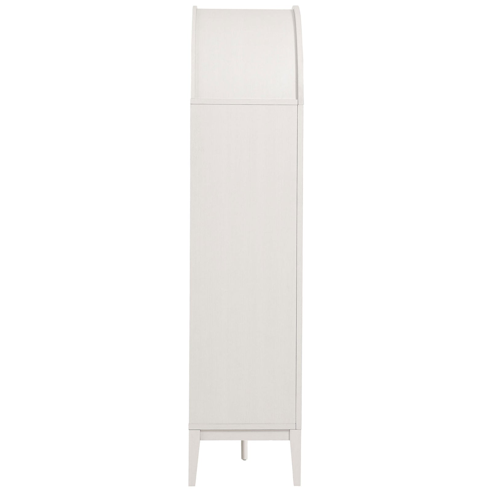 Streamlined ivory oak arched cabinet silhouette on tapered legs for a refined, space-saving presence || EEI-7203-IVO-OAK || side_studio