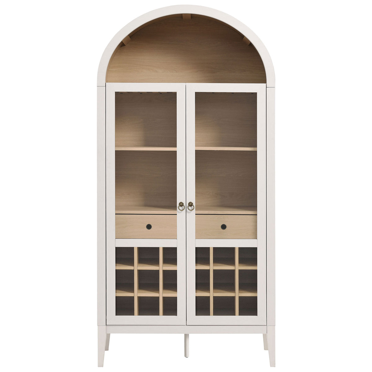 Arched ivory oak bar cabinet with tempered glass doors, 20-bottle wine rack, and adjustable shelves || EEI-7203-IVO-OAK || front_studio