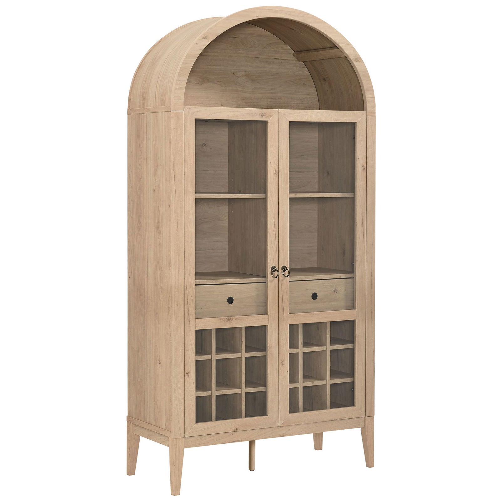 Arched light oak bar cabinet with glass doors, wine bottle grid, and tapered legs. || EEI-7203-LOA || front_angle_studio
