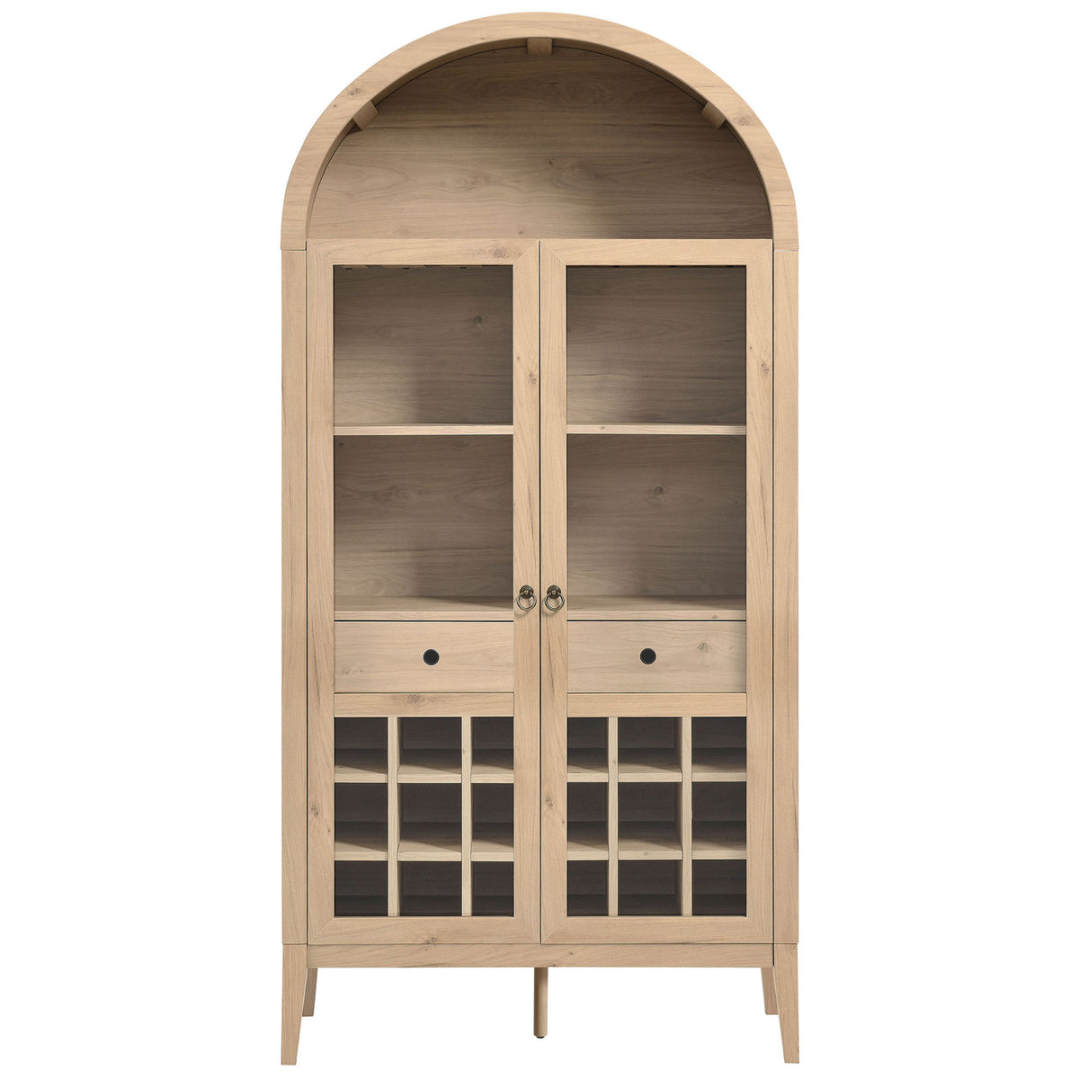 Tall arched bar cabinet in light oak with glass doors, twin drawers, and 20-bottle storage. || EEI-7203-LOA || front_studio
