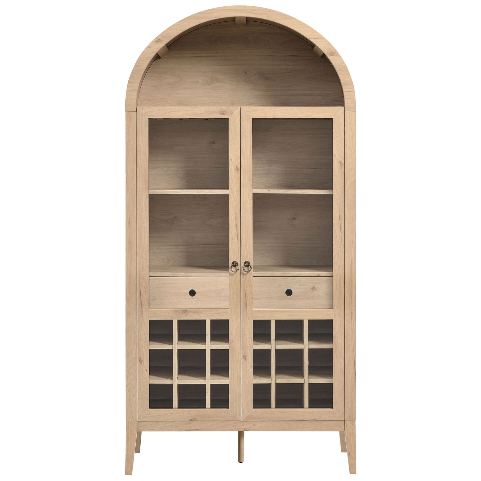 Tall arched bar cabinet in light oak with glass doors, twin drawers, and 20-bottle storage. || EEI-7203-LOA || front_studio