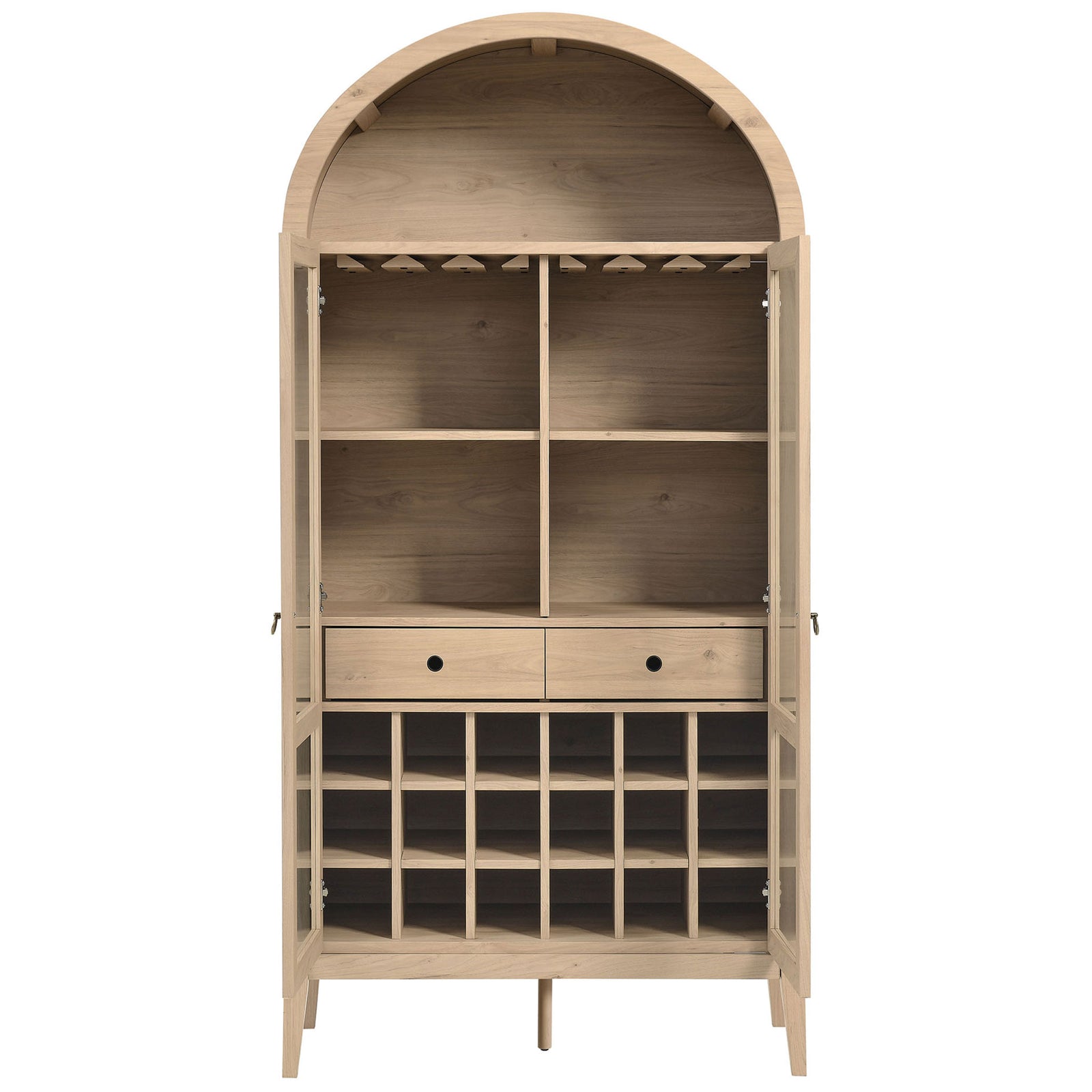 Open cabinet reveals adjustable shelves, stemware rack, twin drawers, and wine grid. || EEI-7203-LOA || front_open_studio