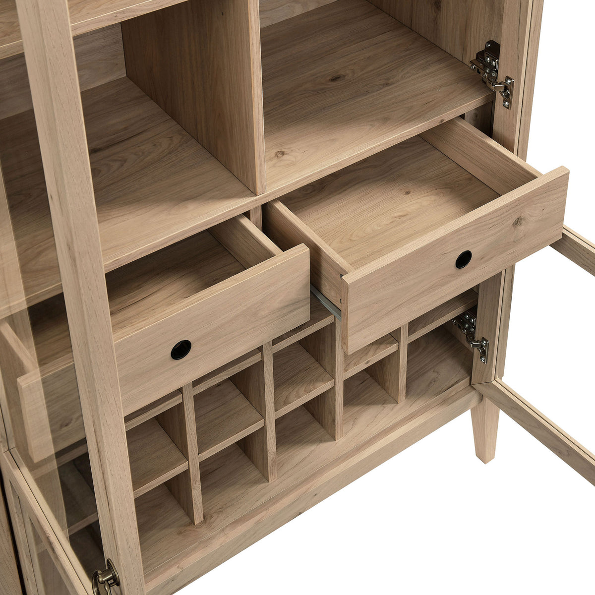 Smooth-glide drawers and segmented wine grid keep bar tools and bottles organized. || EEI-7203-LOA || storage_open_studio