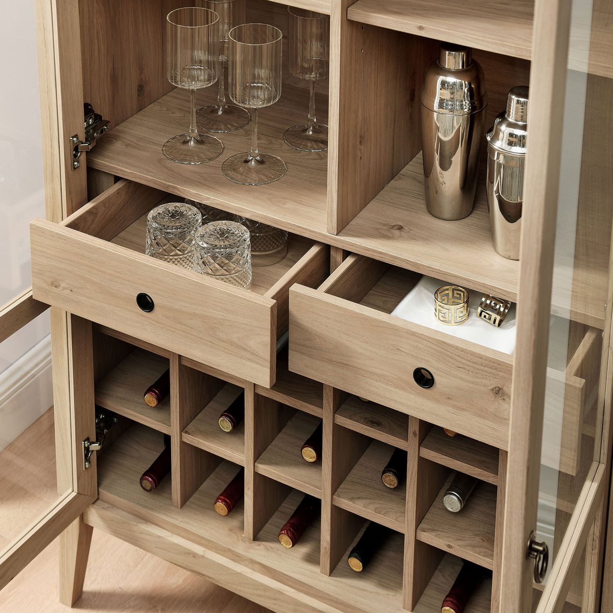 Drawers, stemware rack, and wine grid keep barware and bottles within easy reach. || EEI-7203-LOA || storage_open_room