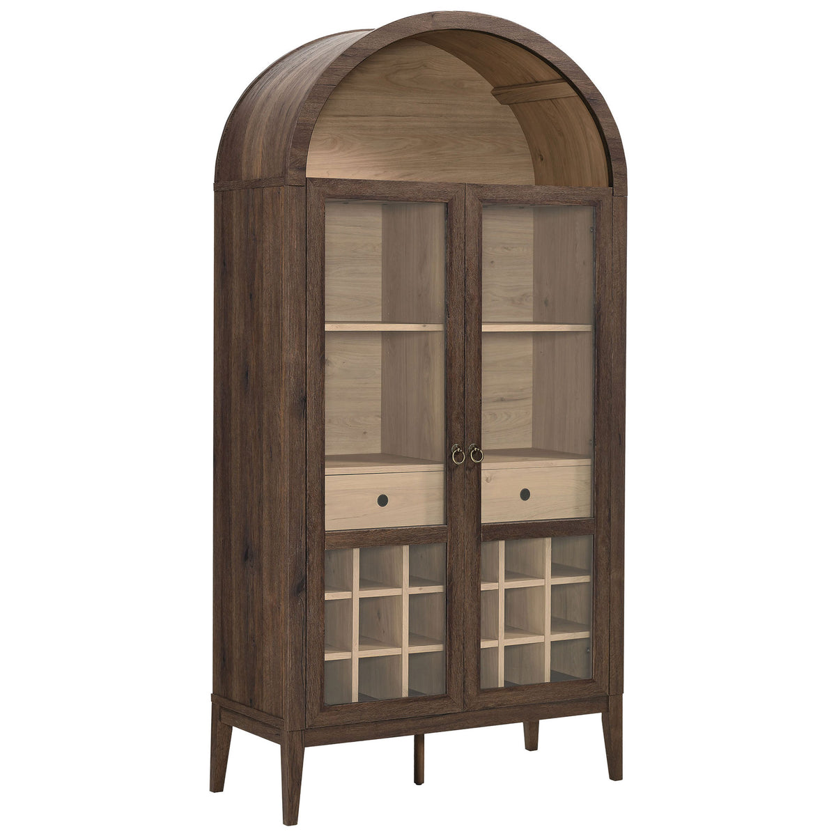 Two-tone wood grain cabinet with glass doors, 20-bottle wine rack, and soft-close hardware || EEI-7203-WAL-LOA || front_angle_studio