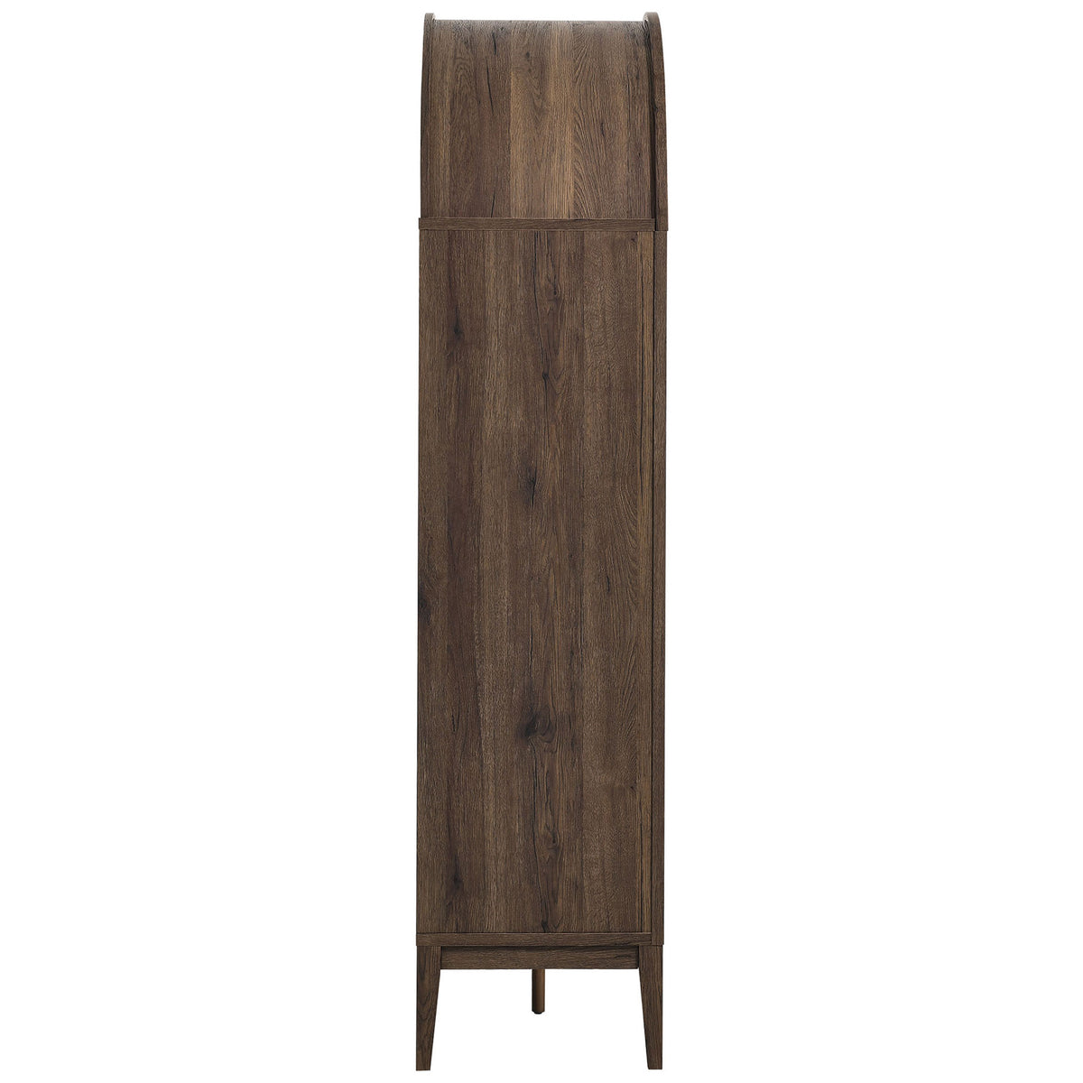 Curved dome top showcases rich wood grain laminate and a stable, tapered-leg base || EEI-7203-WAL-LOA || side_studio