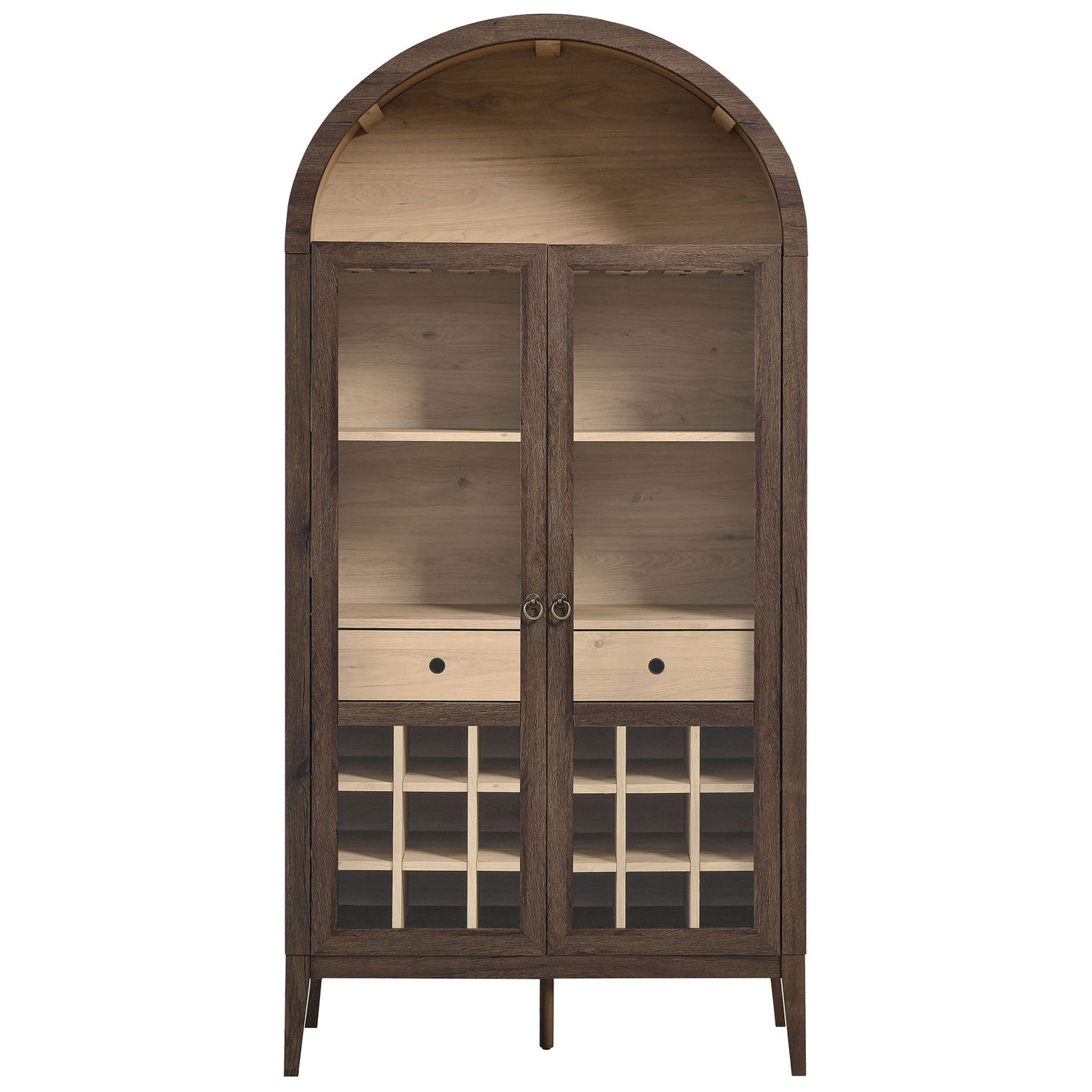 Arched bar cabinet in walnut and light oak with tempered glass doors and tapered legs || EEI-7203-WAL-LOA || front_studio