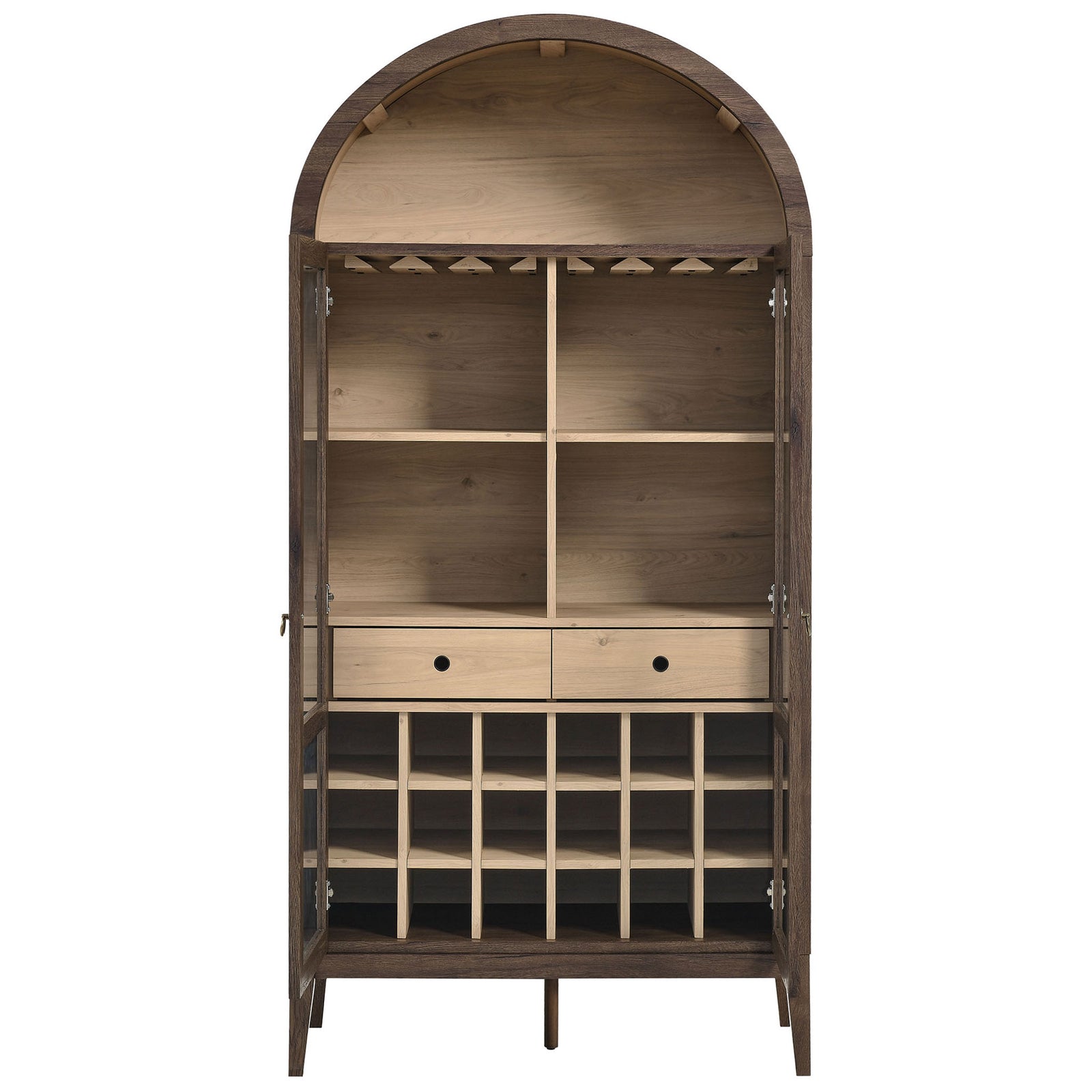 Open storage with adjustable shelves, stemware rack, and two drawers behind glass doors || EEI-7203-WAL-LOA || front_open_studio