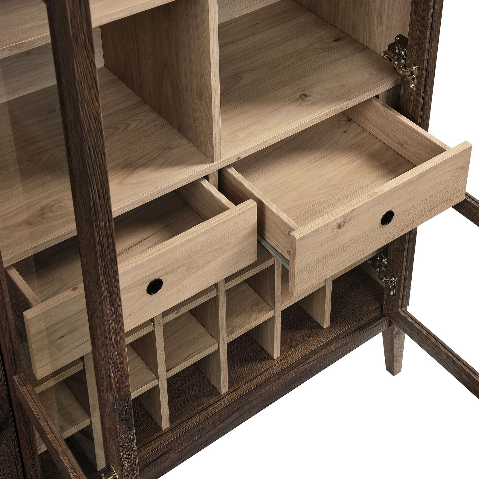 Full-glide drawers and spacious cubbies keep bar tools and bottles neatly organized || EEI-7203-WAL-LOA || storage_open_studio