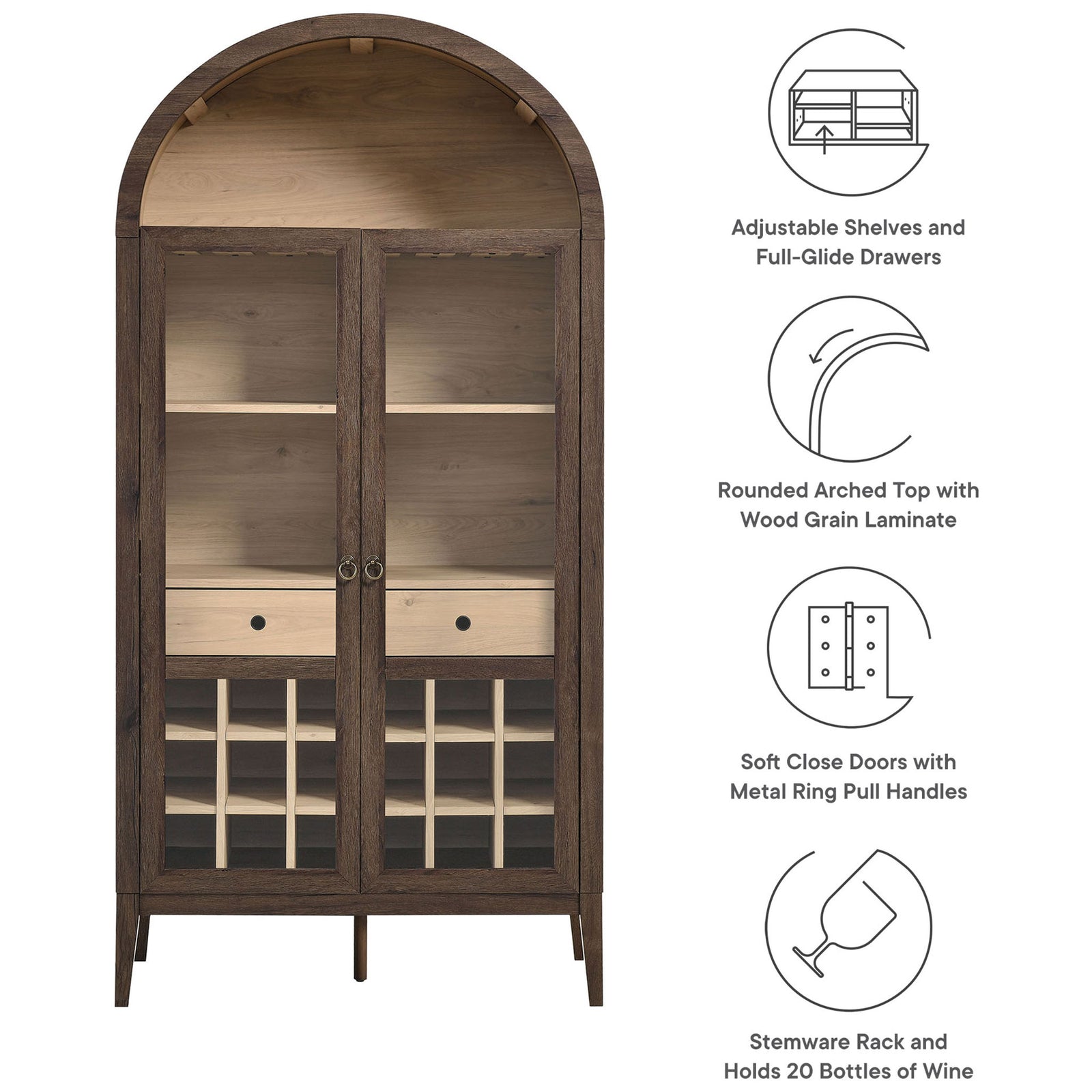 Rounded arch design with adjustable shelves, glass doors, ring pulls, and 20-bottle wine rack || EEI-7203-WAL-LOA || callout_studio