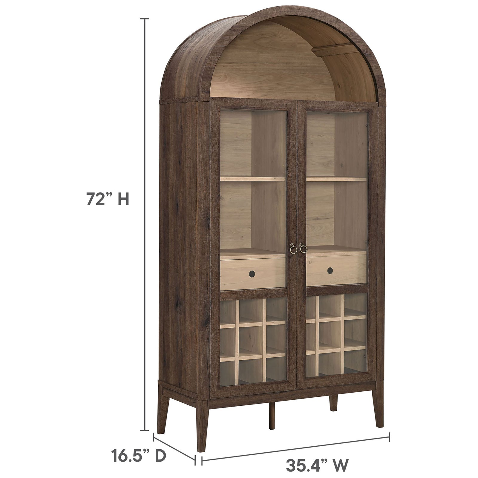 Space-saving bar cabinet measures 72 in H, 35.5 in W, and 16.5 in D to fit dining or living areas || EEI-7203-WAL-LOA || dimension_studio