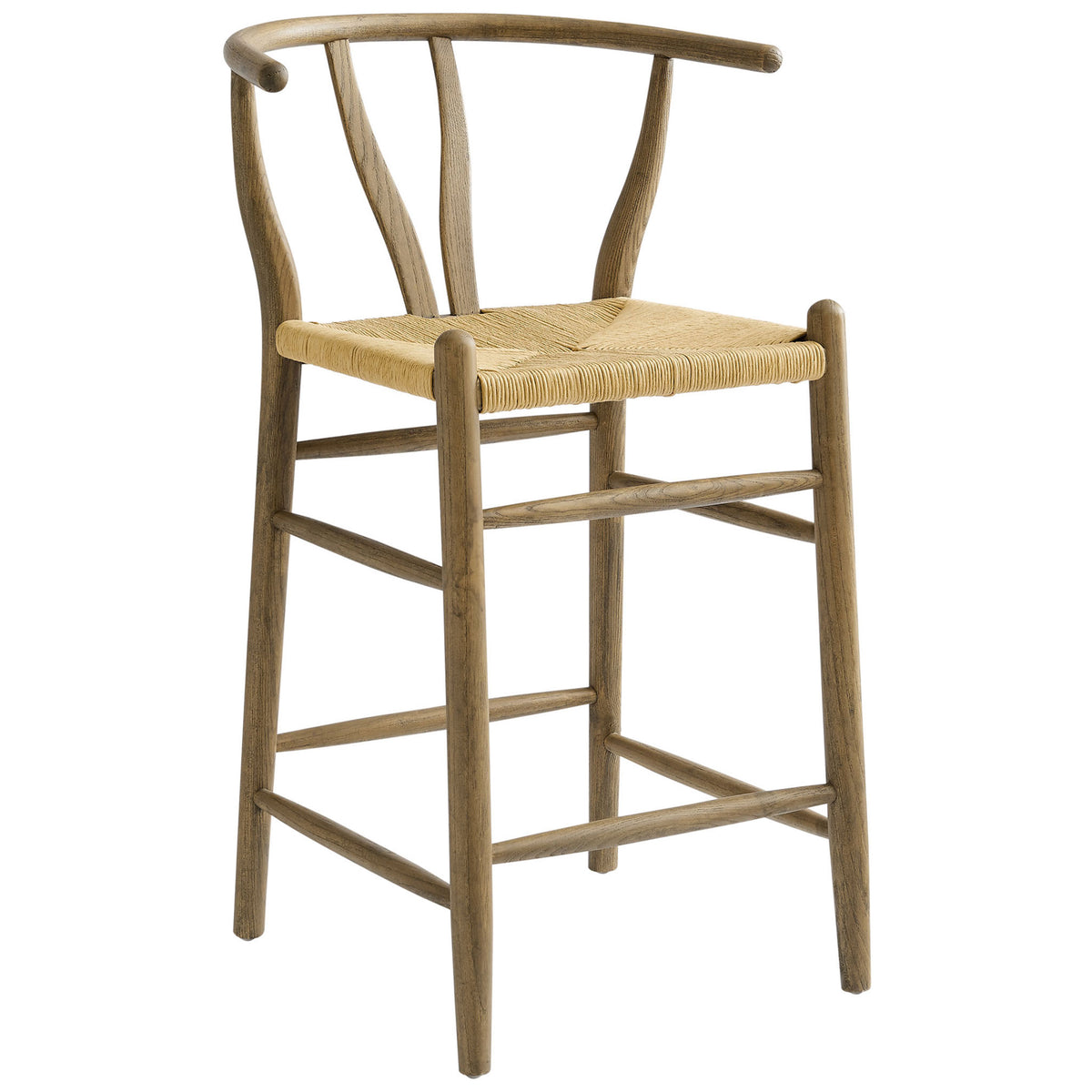 Sculpted elm wood counter stool featuring a wishbone-style back and tight paper rope seat || EEI-7206-GRY || front_angle_studio