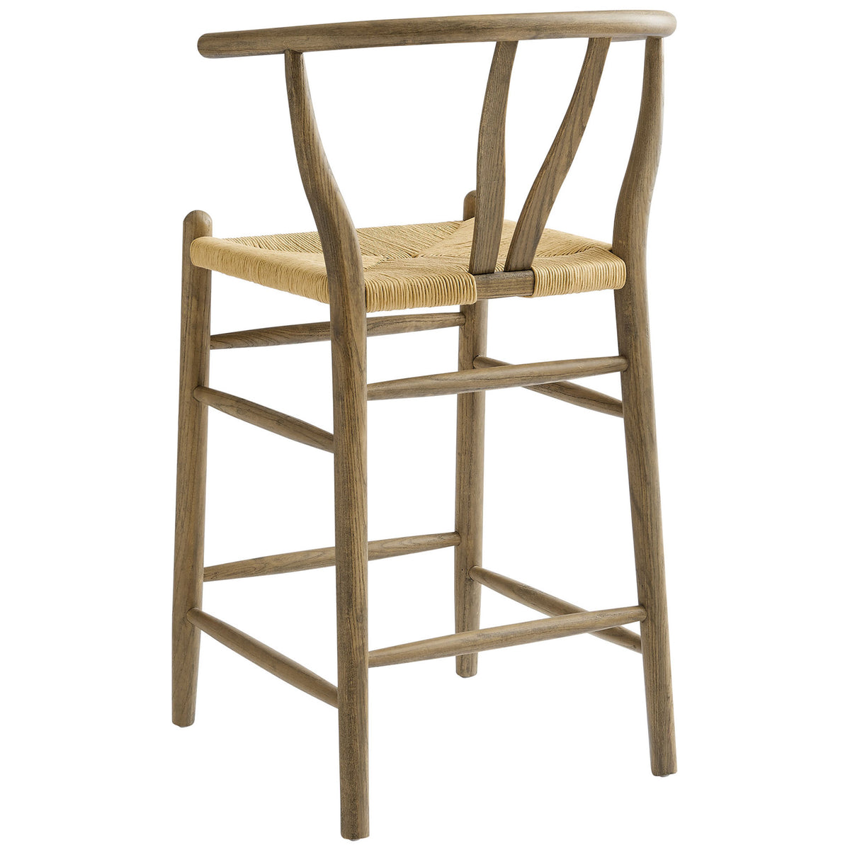 Curved back counter stool with signature V-shaped cutout and handwoven paper rope seat || EEI-7206-GRY || back_angle_studio