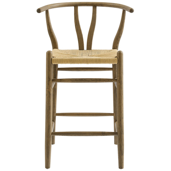 Counter stool with curved half-moon back, V-cut detail, and woven paper rope seat in weathered gray wood || EEI-7206-GRY || front_studio
