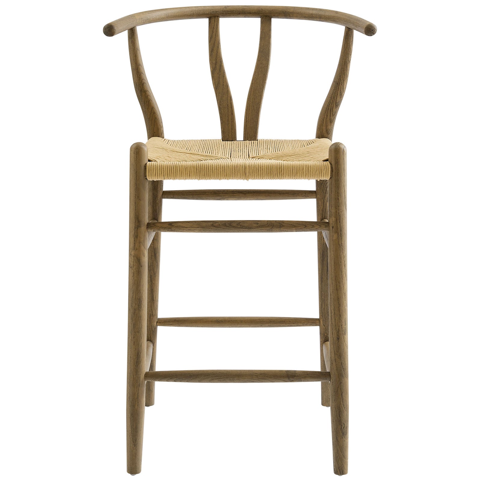 Counter stool with curved half-moon back, V-cut detail, and woven paper rope seat in weathered gray wood || EEI-7206-GRY || front_studio