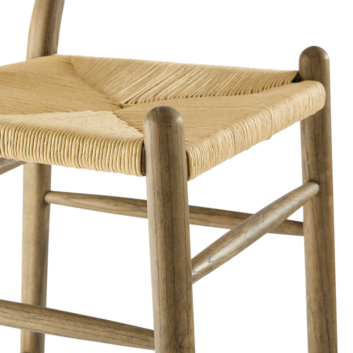 Handwoven paper rope seat shows intricate chevron weave and smooth, rounded wood posts || EEI-7206-GRY || detail_studio