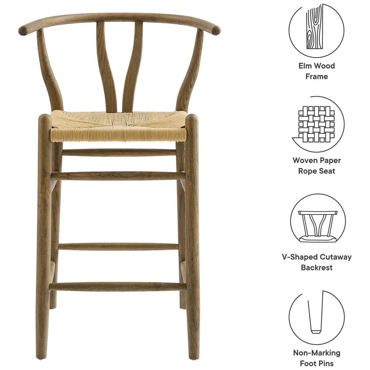 Elm wood frame, paper rope seat, V-cut backrest, and non-marking foot pins || EEI-7206-GRY || callout_studio